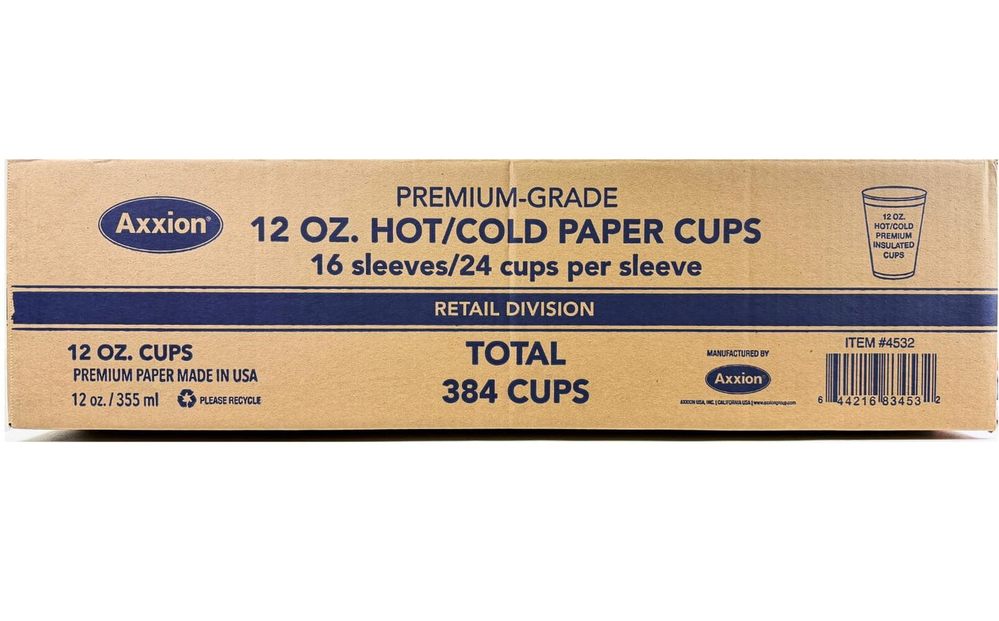A corrugated cardboard shipping box for Axxion 12-ounce premium bamboo style paper cups. The printed text indicates the box contains 16 sleeves of 24 cups, totaling 384 cups per case.