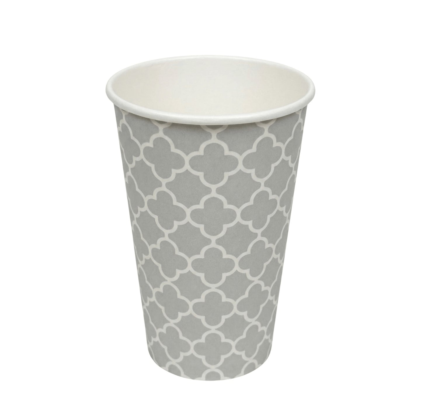 A single Axxion 12-ounce disposable paper cup featuring a grey and white pattern for hot and cold drinks, isolated on a white background. This item is packaged for wholesale at 960 cups per case.