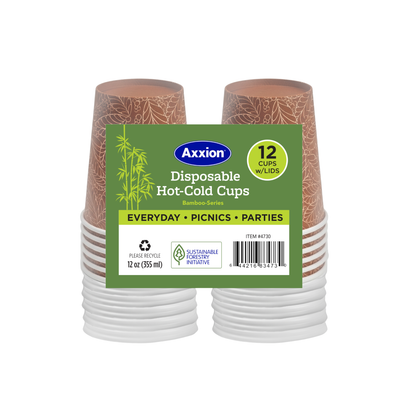 Axxion Disposable Hot and Cold Paper Cup and Lid Sets – Bamboo Style