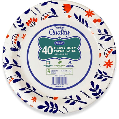 A single Axxion 10-inch premium heavy-duty paper plate featuring a blue and orange floral rim design. The center label displays an 40-count package size and highlights that the disposable tableware is microwave safe, grease-resistant, and Sustainable Forestry Initiative certified.