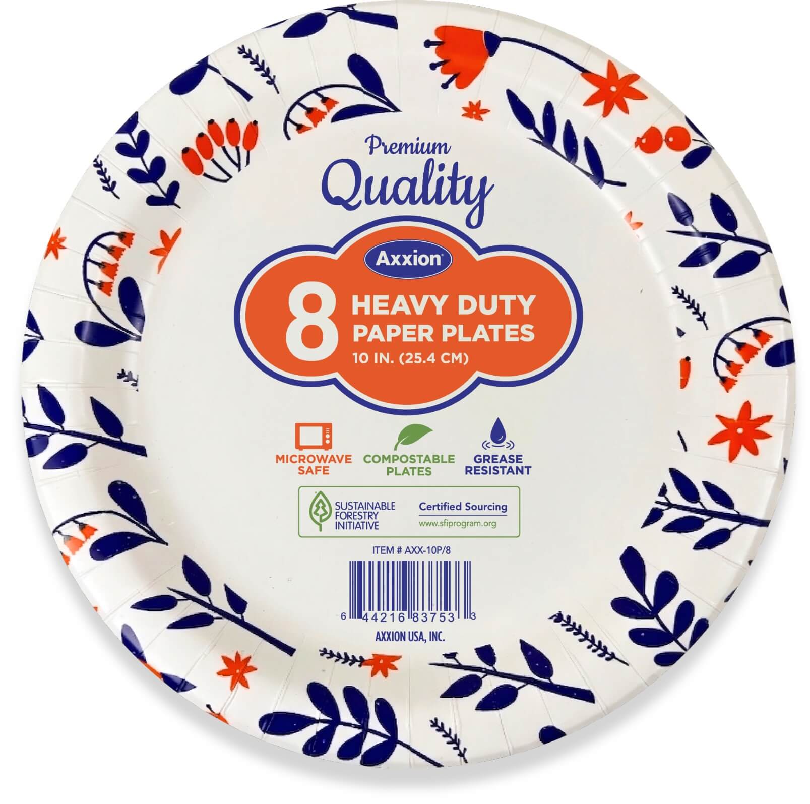 A single Axxion 10-inch premium heavy-duty paper plate featuring a blue and orange floral rim design. The center label displays an 8-count package size and highlights that the disposable tableware is microwave safe, grease-resistant, and Sustainable Forestry Initiative certified.