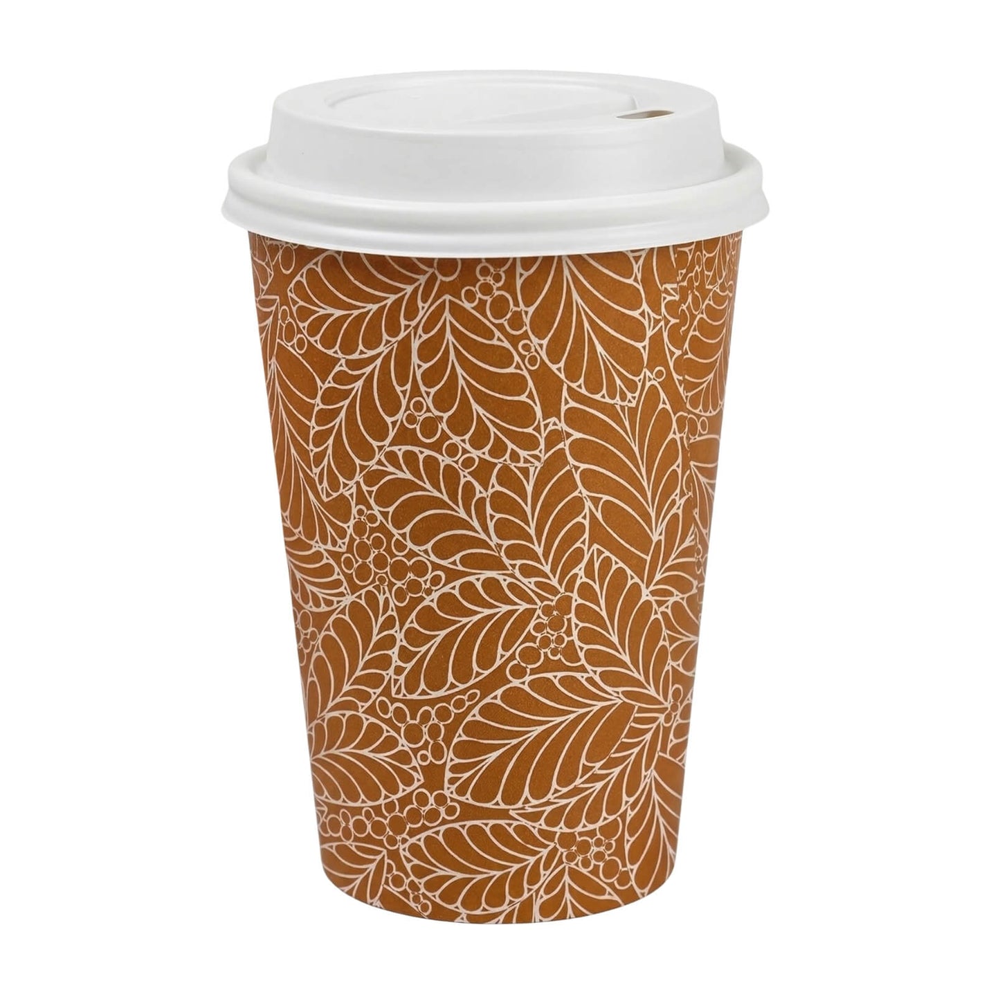 A single Axxion 12-ounce disposable paper cup featuring a brown bamboo style leaf pattern, complete with a white travel lid. Isolated on a white background, this complete set is packaged in 12-count packs and distributed as 192 sets per case.