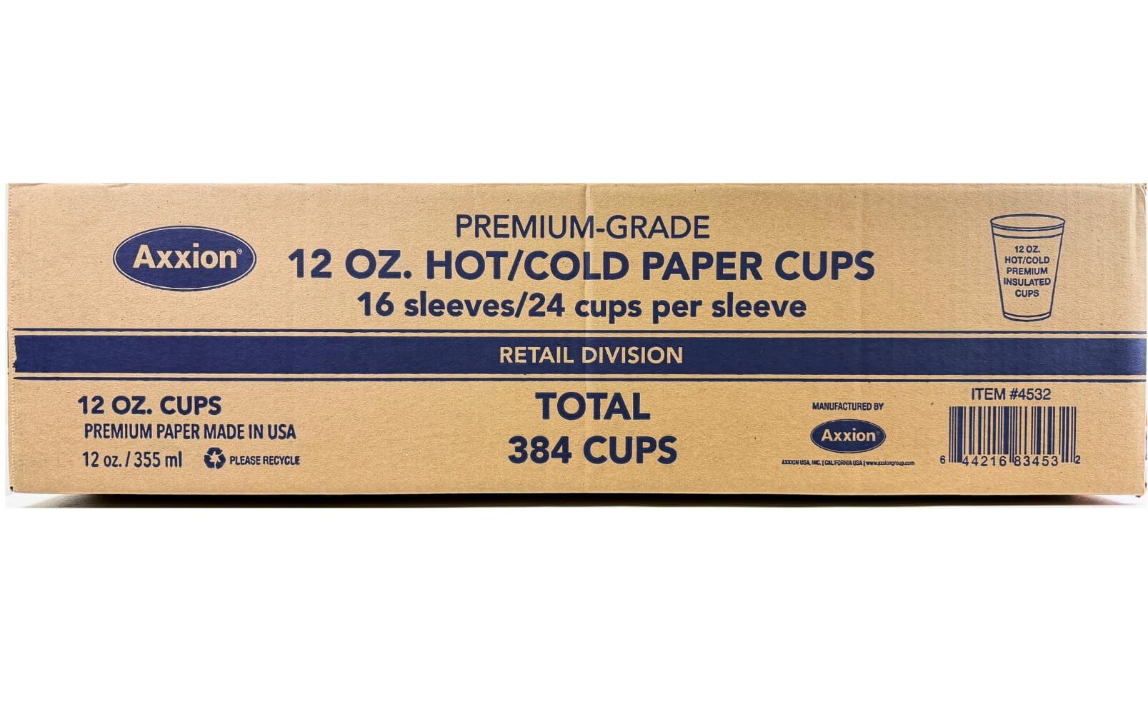 A corrugated cardboard shipping box for Axxion 12-ounce premium bamboo style paper cups. The printed text indicates the box contains 16 sleeves of 24 cups, totaling 384 cups per case.