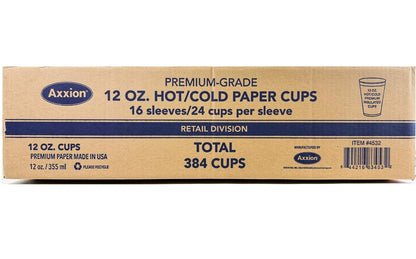 A corrugated cardboard shipping box for Axxion 12-ounce premium bamboo style paper cups. The printed text indicates the box contains 16 sleeves of 24 cups, totaling 384 cups per case.