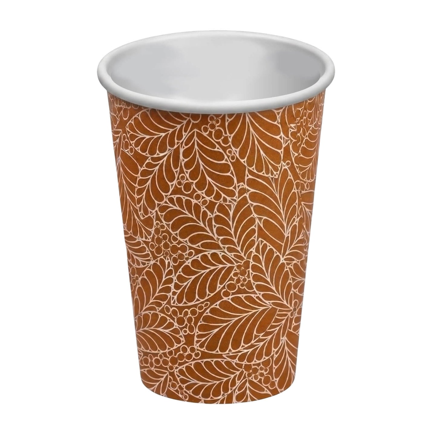 A single Axxion 12-ounce disposable paper cup featuring a brown bamboo style leaf pattern for hot and cold drinks, isolated on a white background. This item is packaged in 24-count packs and distributed as 384 cups per case.