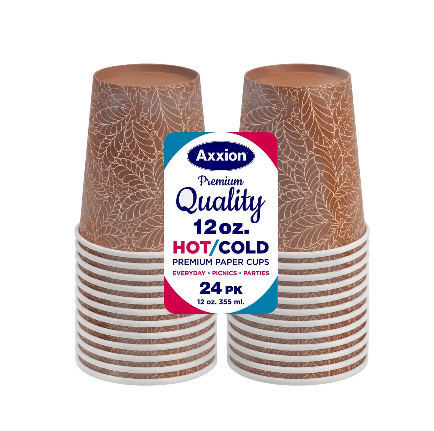 A 24-count pack of Axxion 12-ounce premium disposable paper cups featuring a brown bamboo style leaf pattern for hot and cold drinks, distributed as 384 per case. The central retail label highlights uses for everyday, picnics, and parties.