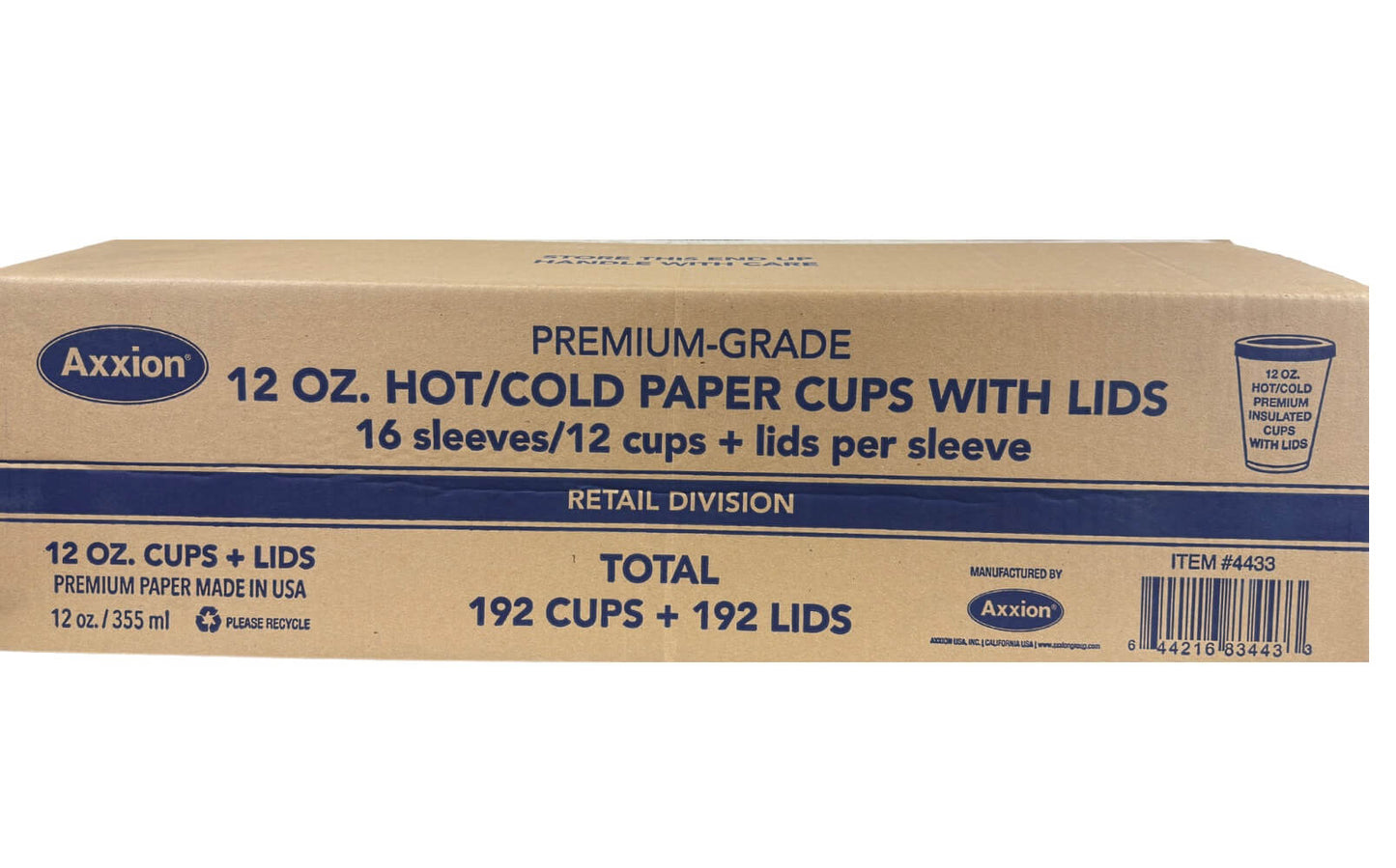 A corrugated cardboard shipping box for Axxion 12-ounce premium disposable paper cups with lids. The printed blue text indicates the retail division box contains 16 sleeves of 12 cups and lids, totaling 192 cups and 192 lids per case.