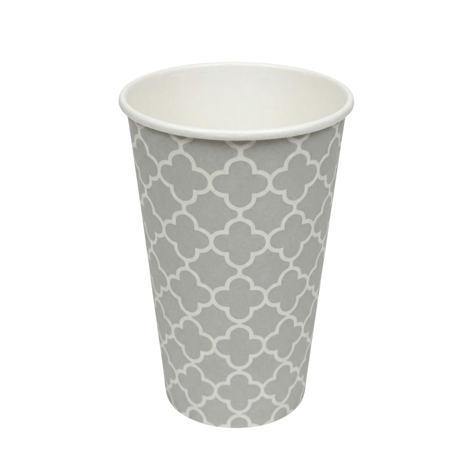 A single Axxion 12-ounce disposable paper cup featuring a grey and white pattern for hot and cold drinks, isolated on a white background. This item is packaged for wholesale at 960 cups per case.