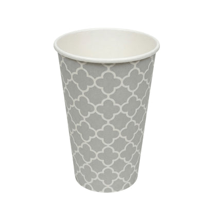 A single Axxion 12-ounce disposable paper cup featuring a grey and white pattern for hot and cold drinks, isolated on a white background. This item is packaged for wholesale at 960 cups per case.