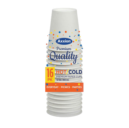 A wrapped 16-count pack of Axxion 12-ounce premium white disposable paper cups for hot and cold drinks, distributed as 960 per case. The clear wrapper features colorful confetti and highlights uses for everyday, picnics, and parties.