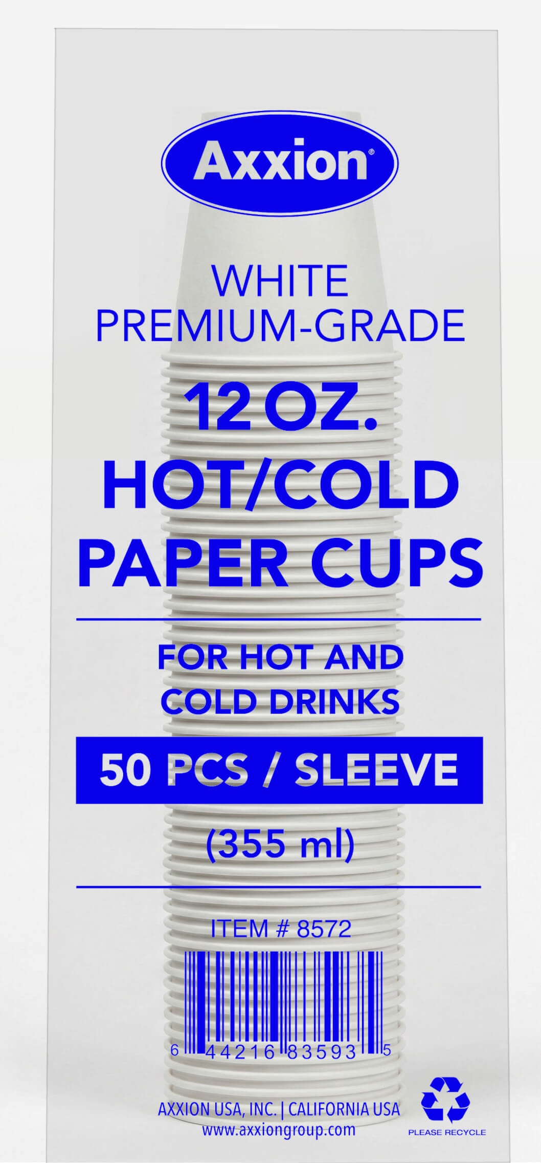 A clear sleeve containing a 50 count pack of Axxion 12-ounce premium white disposable paper cups for hot and cold drinks, distributed as 1000 per case. The packaging features bold blue text and the Axxion logo