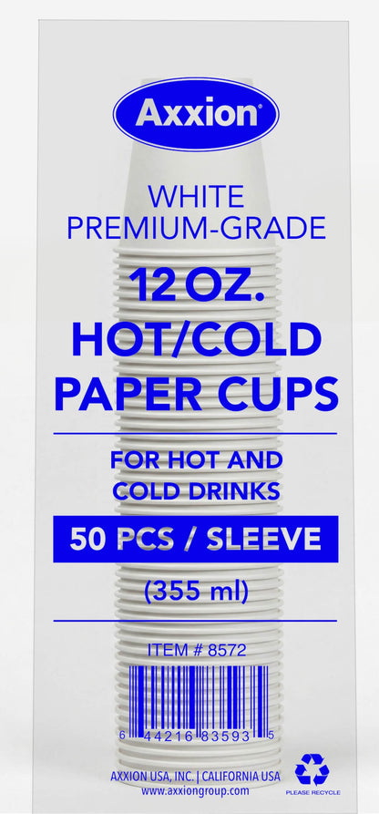A clear sleeve containing a 50 count pack of Axxion 12-ounce premium white disposable paper cups for hot and cold drinks, distributed as 1000 per case. The packaging features bold blue text and the Axxion logo