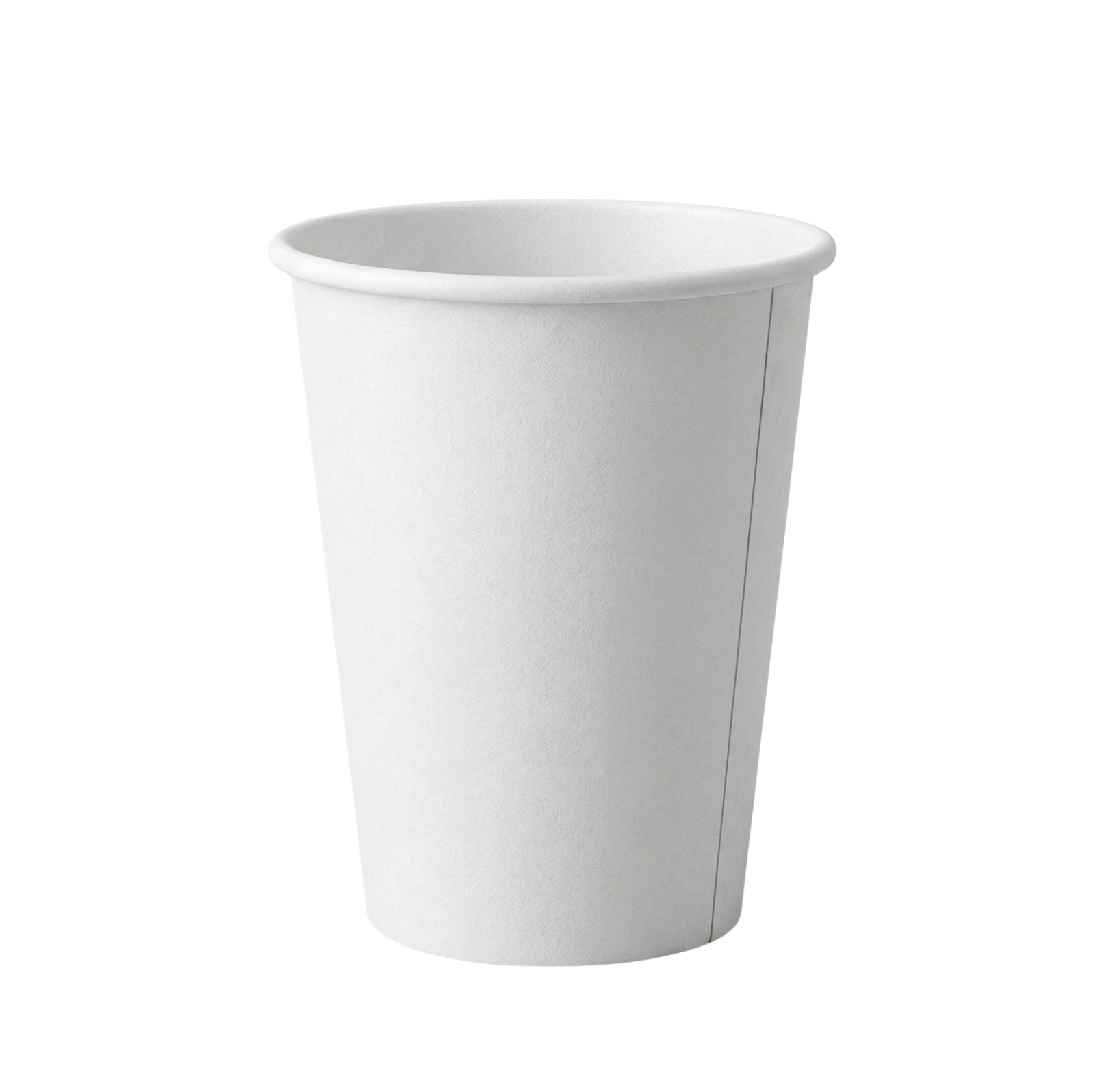 A single Axxion 12-ounce plain white disposable paper cup for hot and cold drinks, isolated on a white background. This item is packaged for wholesale at 1000 cups per case.