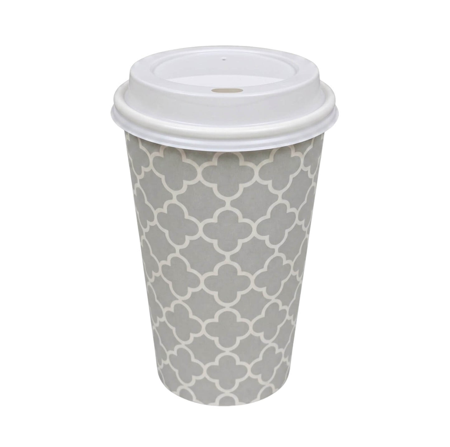 A single Axxion 16-ounce disposable paper cup featuring a grey and white pattern, complete with a white travel lid. Isolated on a white background, this complete set is packaged in 5-count packs and distributed as 240 sets per case.