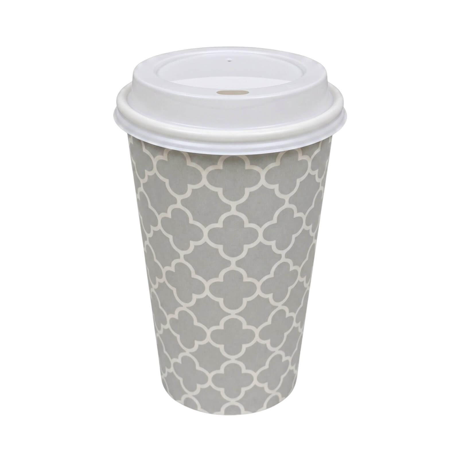 A single Axxion 16-ounce disposable paper cup featuring a grey and white pattern, complete with a white travel lid. Isolated on a white background, this complete set is packaged in 5-count packs and distributed as 240 sets per case.