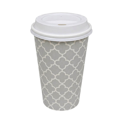 A single Axxion 16-ounce disposable paper cup featuring a grey and white pattern, complete with a white travel lid. Isolated on a white background, this complete set is packaged in 5-count packs and distributed as 240 sets per case.