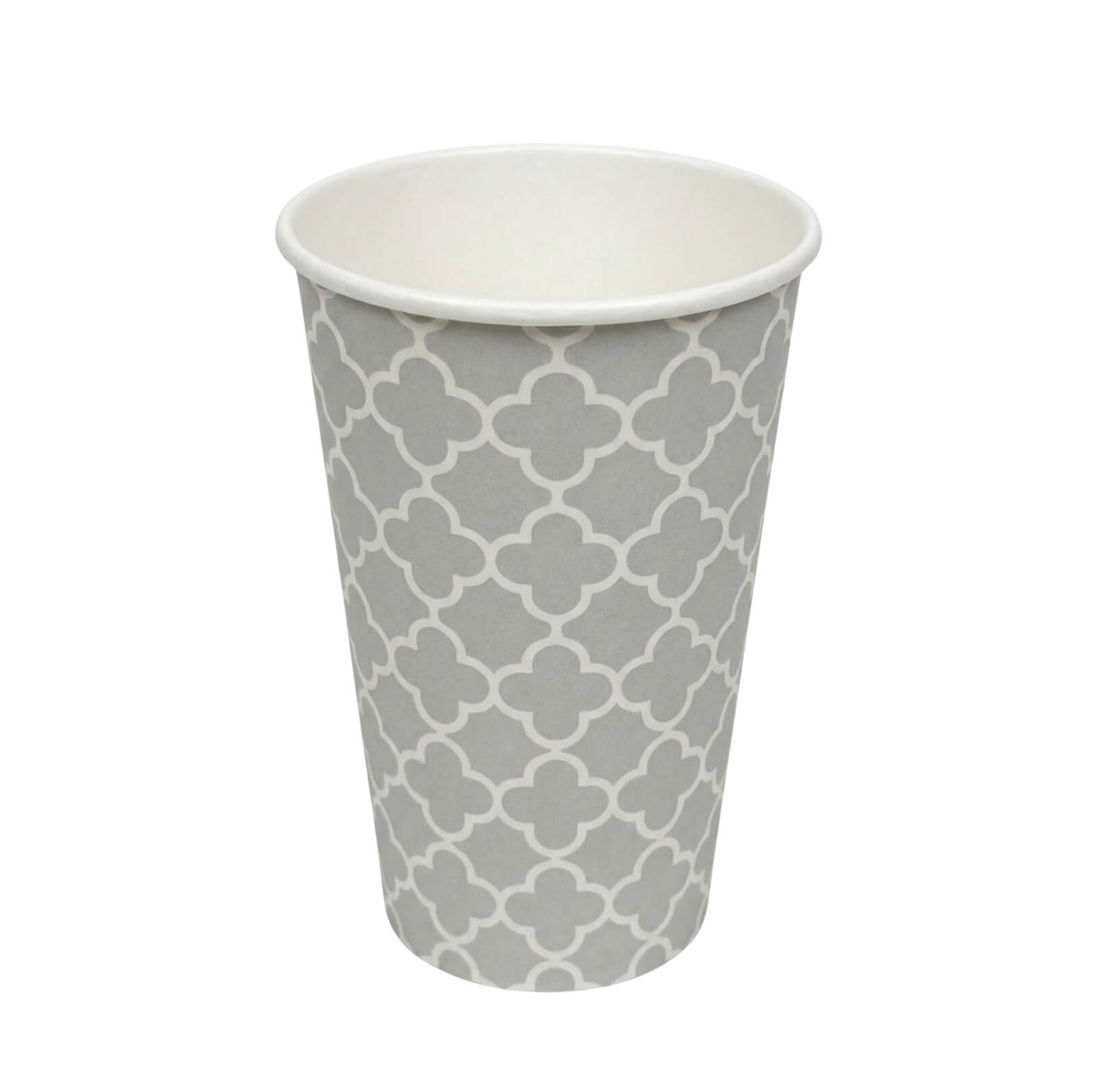 A single Axxion 16-ounce disposable paper cup featuring a grey and white pattern for hot and cold drinks, isolated on a white background. This item is packaged in 20-count packs and distributed as 320 cups per case.