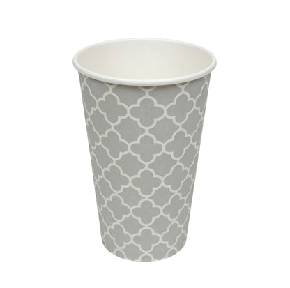 A single Axxion 16-ounce disposable paper cup featuring a grey and white pattern for hot and cold drinks, isolated on a white background. This item is packaged in 20-count packs and distributed as 320 cups per case.
