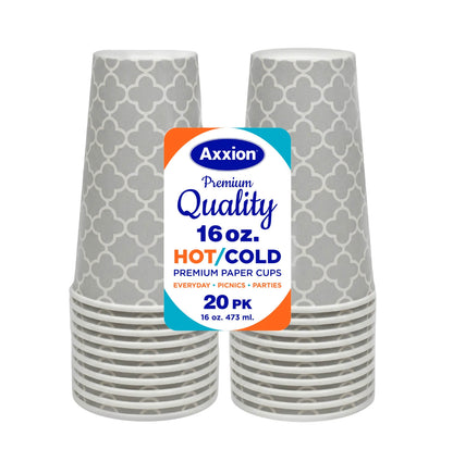 A 20-count pack of Axxion 16-ounce premium disposable paper cups featuring a grey and white geometric pattern for hot and cold drinks, distributed as 320 per case. The central label highlights uses for everyday, picnics, and parties.