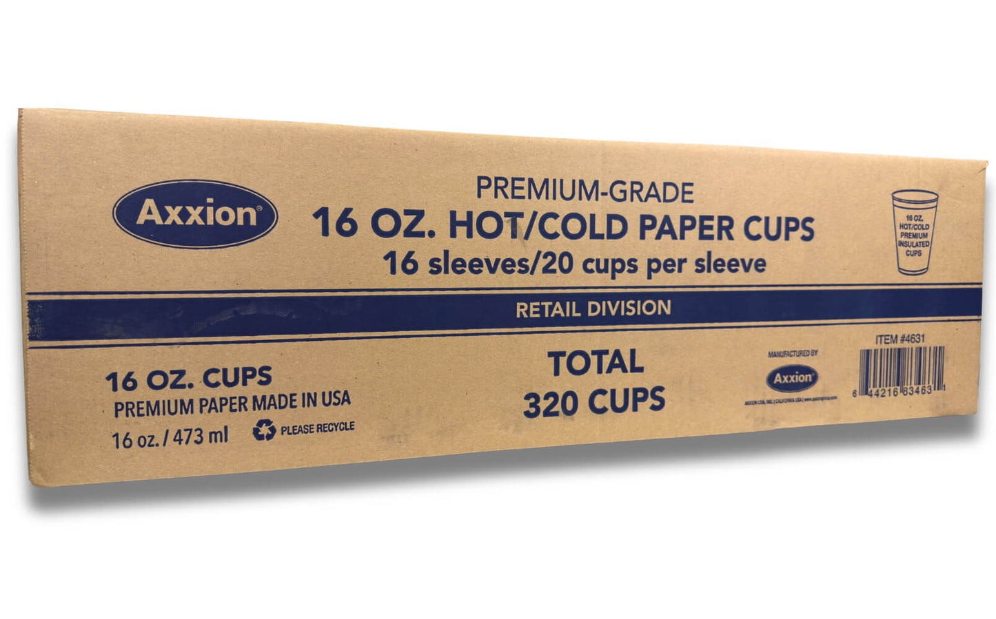 A corrugated cardboard shipping box for Axxion 16-ounce premium disposable paper cups. The printed blue text indicates the box contains 16 sleeves of 20 cups, totaling 320 cups per case.