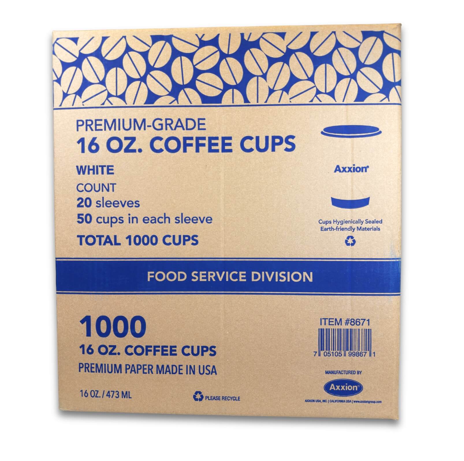 A corrugated cardboard shipping box for Axxion 16-ounce premium white disposable coffee cups. The printed text indicates the food service division box contains 20 sleeves of 50 cups, totaling 1000 cups per case.