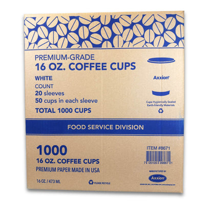 A corrugated cardboard shipping box for Axxion 16-ounce premium white disposable coffee cups. The printed text indicates the food service division box contains 20 sleeves of 50 cups, totaling 1000 cups per case.