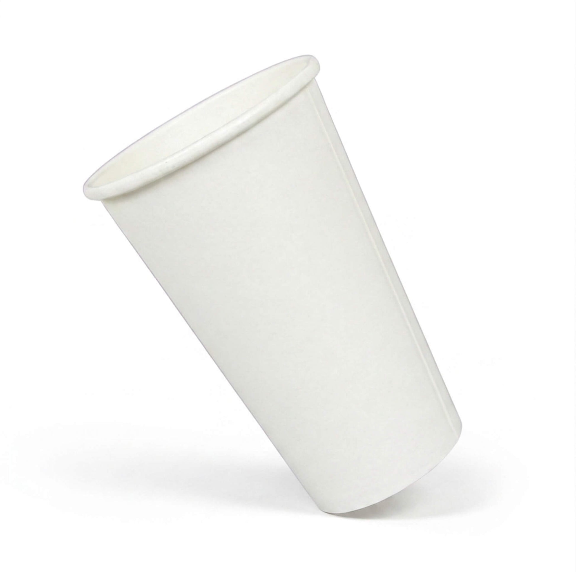 A single Axxion 16-ounce plain white disposable paper cup tilted on a white background. This unprinted hot and cold beverage cup is packaged in sleeves of 50 and distributed for wholesale at 1000 cups per case.