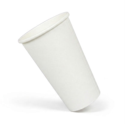 A single Axxion 16-ounce plain white disposable paper cup tilted on a white background. This unprinted hot and cold beverage cup is packaged in sleeves of 50 and distributed for wholesale at 1000 cups per case.