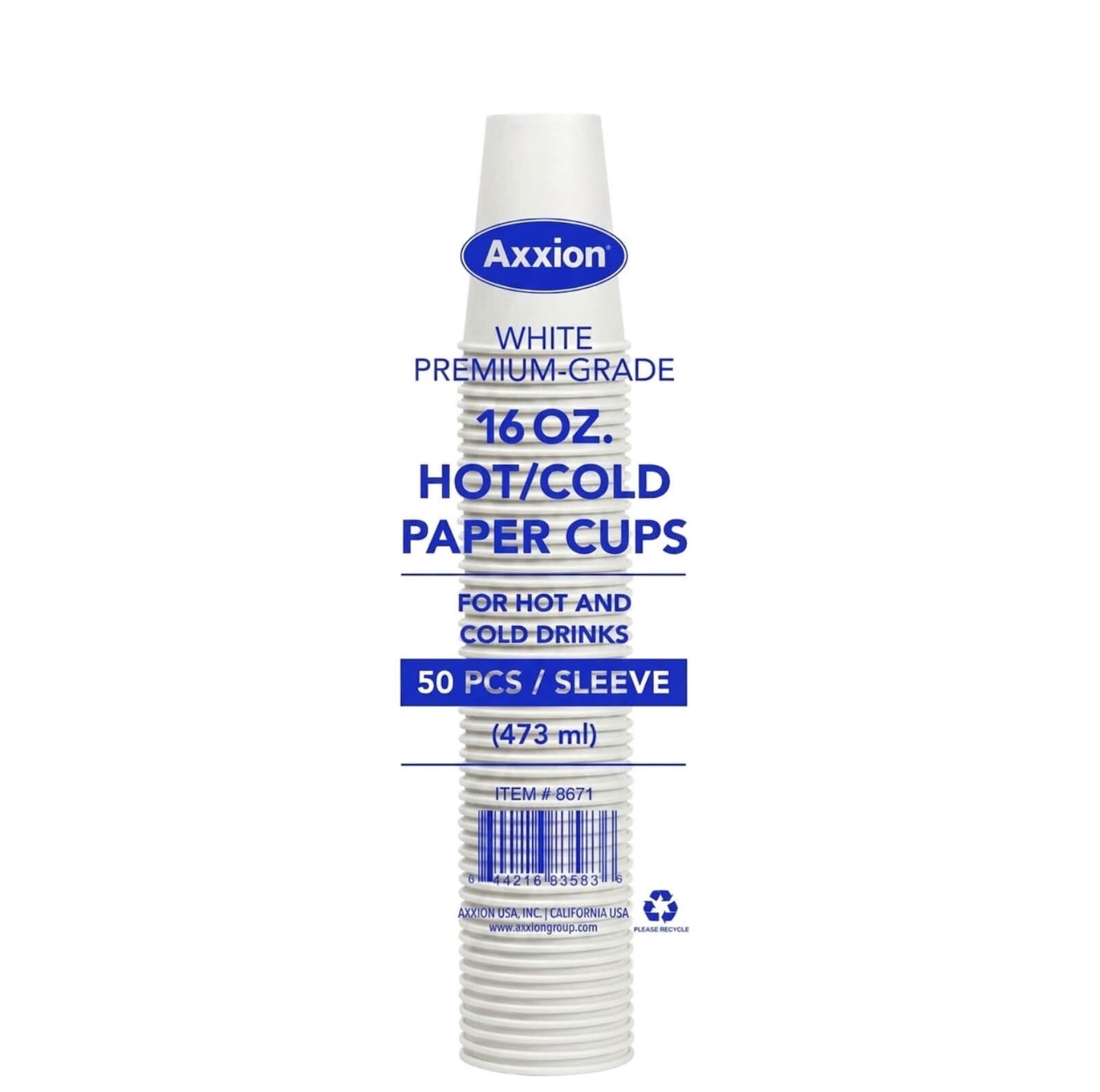 A wrapped 50-count sleeve of Axxion 16-ounce premium white disposable paper cups for hot and cold drinks, distributed as 1000 per case. The clear packaging features bold blue text and the Axxion logo.