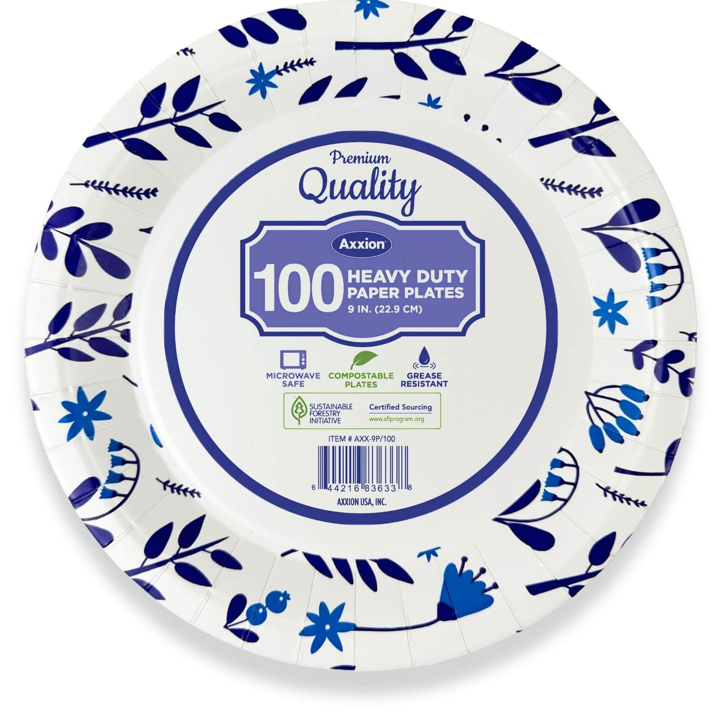 A single Axxion 9-inch premium heavy-duty paper plate featuring a blue floral rim design. The center label displays an 100-count package size available in bulk wholesale cases of 400 and highlights that the disposable tableware is microwave safe, grease-resistant, and Sustainable Forestry Initiative certified.
