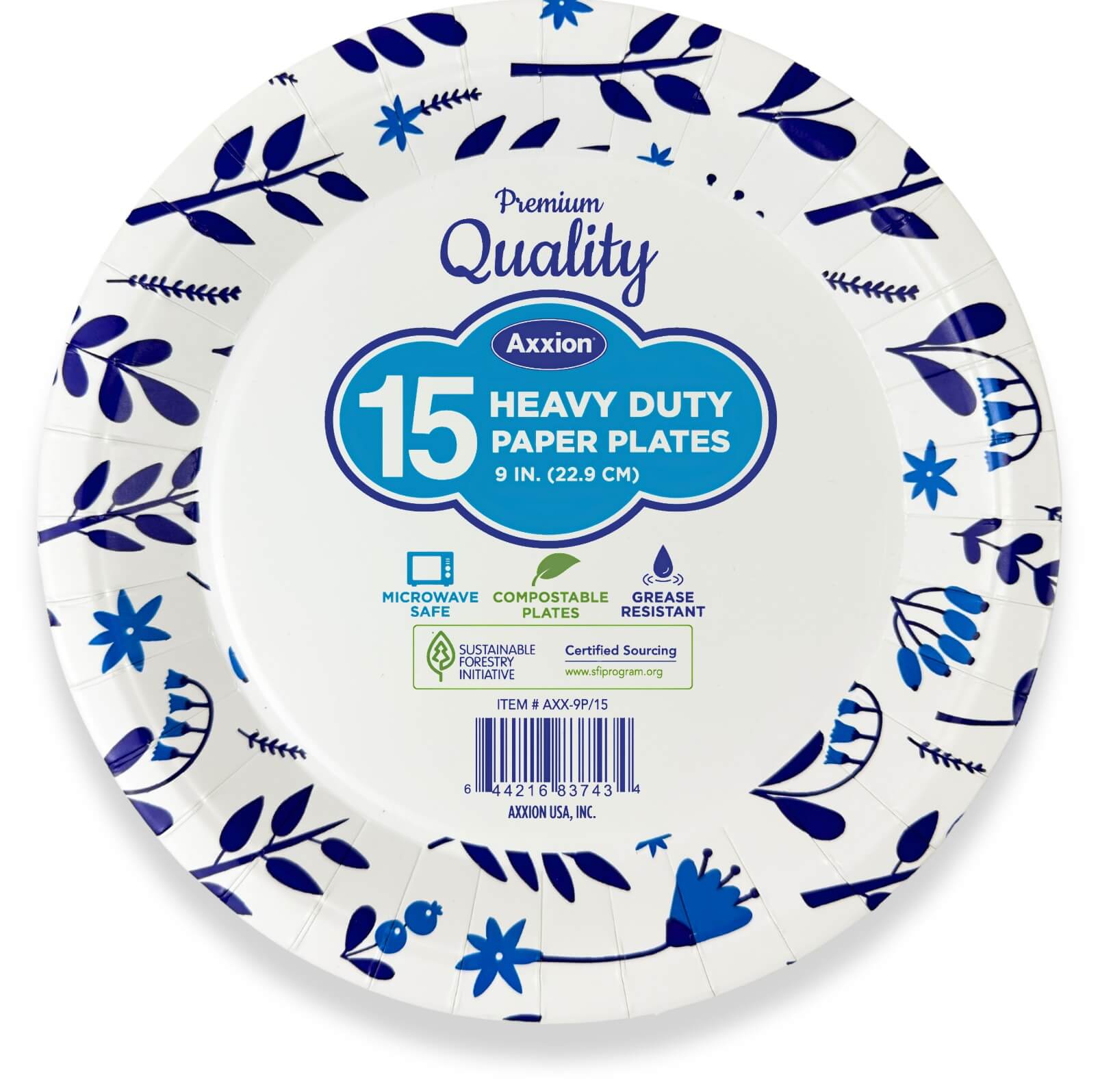 A single Axxion 9-inch premium heavy-duty paper plate featuring a blue floral rim design. The center label displays an 15-count package size available in bulk wholesale cases of 540, and highlights that the disposable tableware is microwave safe, grease-resistant, and Sustainable Forestry Initiative certified.