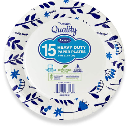 A single Axxion 9-inch premium heavy-duty paper plate featuring a blue floral rim design. The center label displays an 15-count package size available in bulk wholesale cases of 540, and highlights that the disposable tableware is microwave safe, grease-resistant, and Sustainable Forestry Initiative certified.