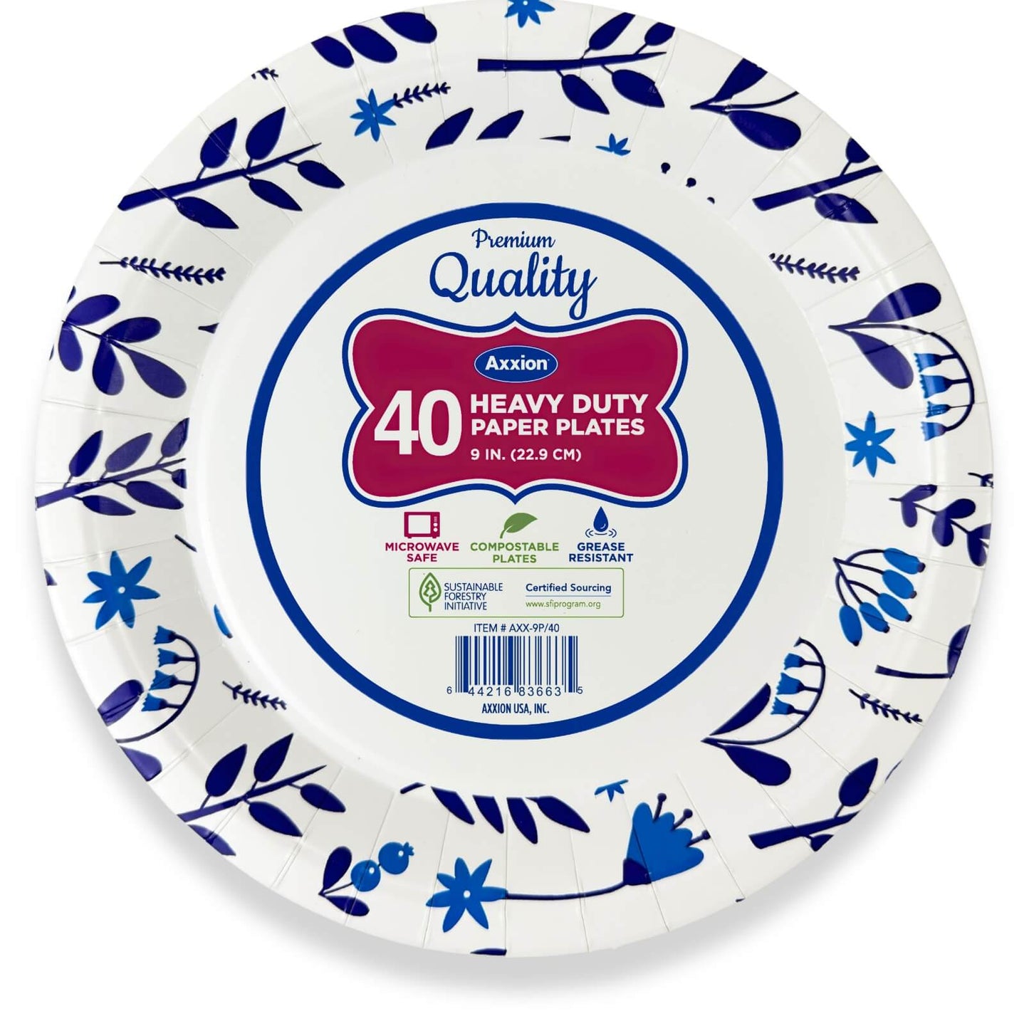 A single Axxion 9-inch premium heavy-duty paper plate featuring a blue floral rim design. The center label displays an 40-count package size available in bulk wholesale cases of 560, and highlights that the disposable tableware is microwave safe, grease-resistant, and Sustainable Forestry Initiative certified.