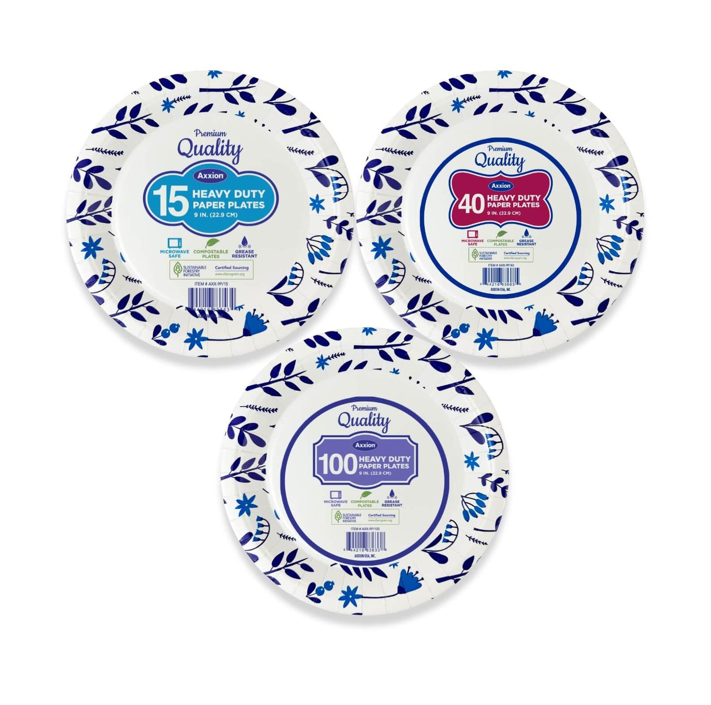 Three Axxion 9-inch premium heavy-duty paper plates featuring a blue floral design, displayed on a clean white background. Highlighting hybrid package sizes of 15-count (540 per wholesale case), 40-count (560 per wholesale case), and 100-count (400 per wholesale case) bundles. Disposable tableware for everyday use, event catering, supermarket, grocery retailers, food services operators, wholesale distributors, and restaurant supplies.