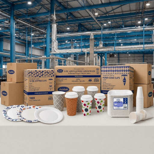 A comprehensive display of Axxion bulk disposable paper products arranged on a table inside a large industrial manufacturing facility. The collection features wholesale corrugated shipping boxes, patterned coffee cups with lids, white paper cone cups, heavy-duty white food trays, and designed and uncoated premium paper plates. Factory-direct paper goods ideal for restaurant supplies, commercial catering, and food service distributors.