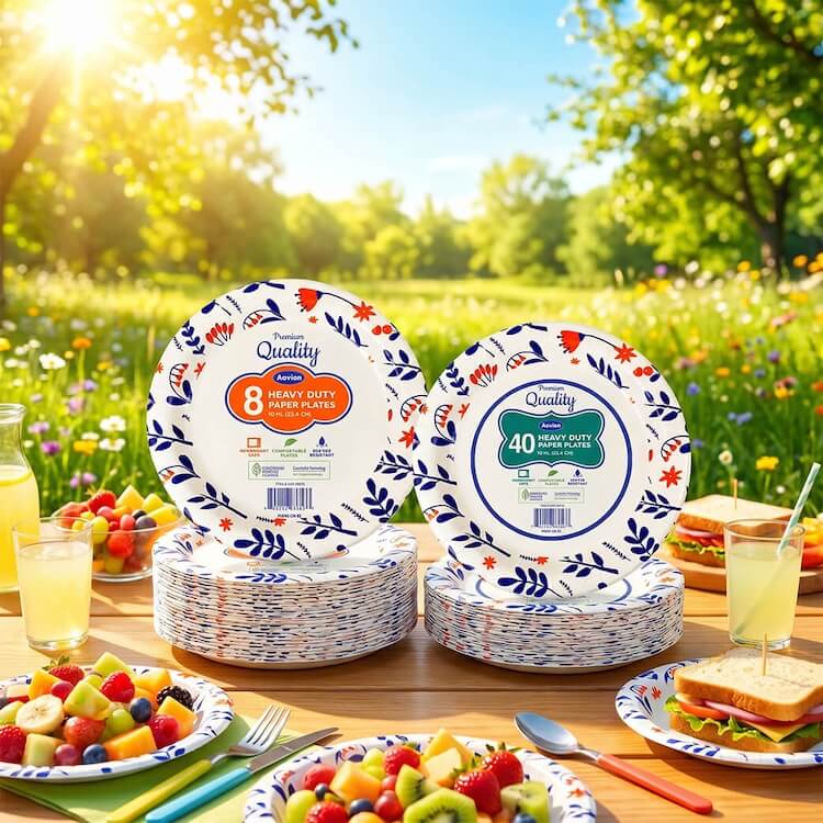 Outdoor picnic setting on a wooden table featuring stacks of Axxion premium heavy-duty paper plates with a blue and red floral design, styled with fresh fruit and sandwiches. Ideal disposable tableware for wholesale catering and event supplies.