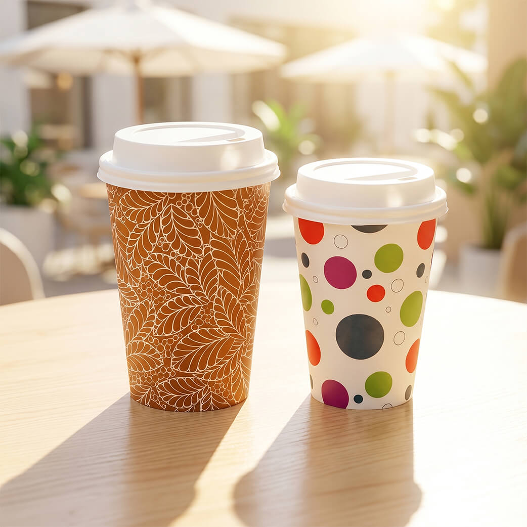 Two Axxion disposable paper cup sets with secure white lids resting on a sunlit wooden table in an outdoor cafe patio setting. Featuring one cup with a brown botanical leaf pattern and another with a colorful polka dot design. Premium hot beverage cups ideal for wholesale coffee shops, bakeries, and to-go catering supplies.