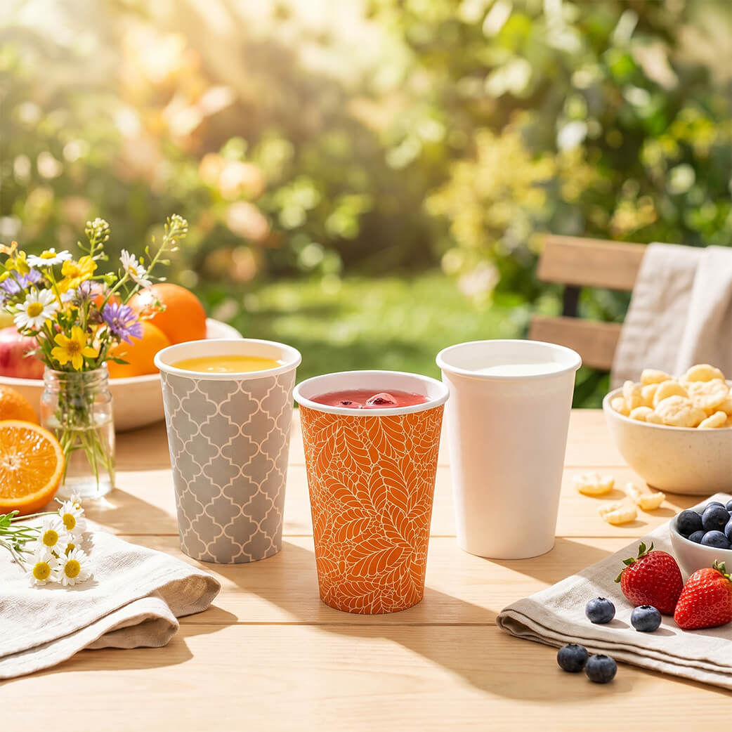 Axxion premium disposable paper cups in solid white, patterned gray, and bamboo style, filled with beverages on an outdoor wooden table. High-quality hot and cold drink cups ideal for wholesale cafe supplies and catering events.