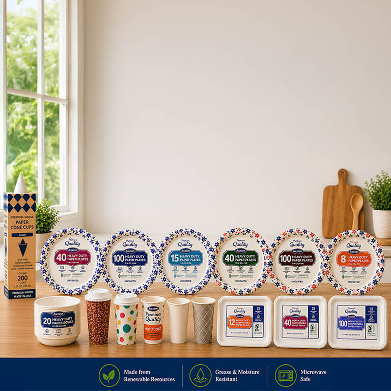 A wide assortment of Axxion premium heavy-duty paper plates, patterned cups, compostable paper cones and white food trays displayed on a wooden table in a bright, modern kitchen setting with a window. These disposable paper products are ideal for wholesale food service, catering, and restaurant supplies.