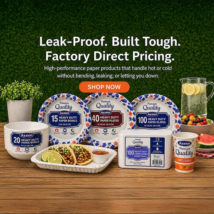 Axxion heavy-duty disposable paper tableware collection, including white paper plates, and food trays styled with tacos on a wooden table background.