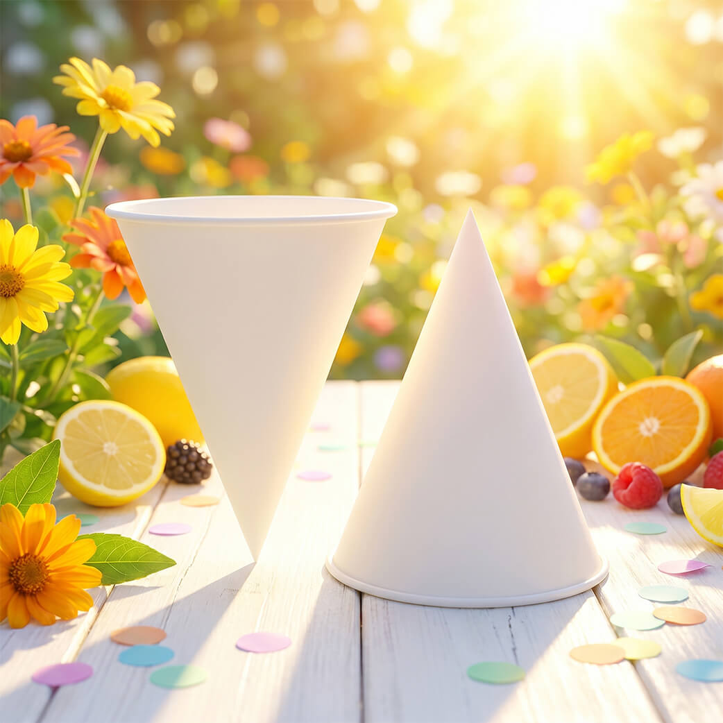 Axxion compostable white paper cone cups displayed on a white wooden tabl. Disposable cone water cups ideal for wholesale concession stands, water coolers, and event catering.