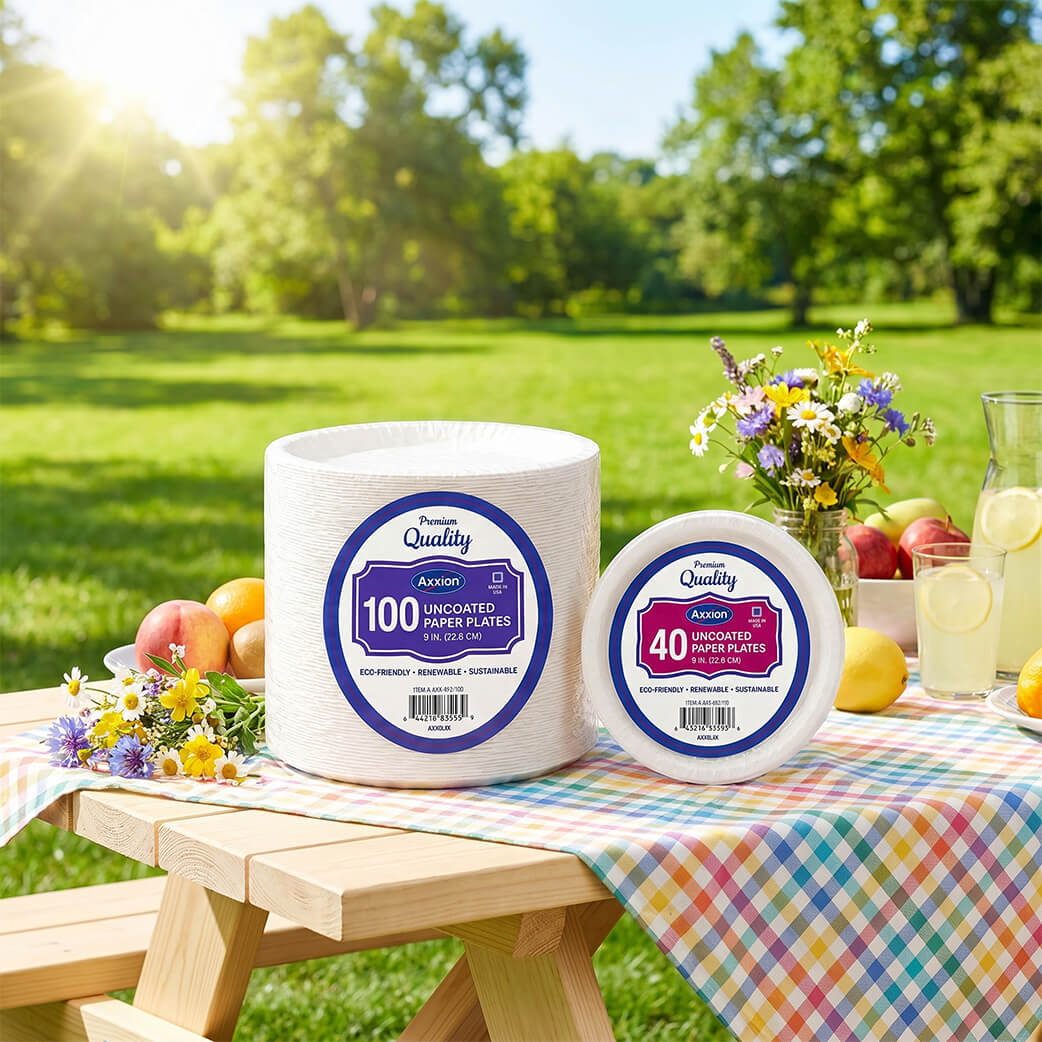 Bulk packages of Axxion premium compostable uncoated white paper plates resting on a wooden picnic table, styled with fresh fruit and wildflowers in a sunny outdoor park. Eco-friendly disposable tableware ideal for wholesale catering, picnics, and event supplies.